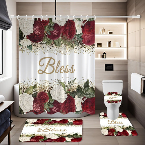 Rose Print Shower Curtain 4-Piece Bathroom Set – Toilet Lid Cover Mat Machine Washable with 12 Hooks Elegant Floral Decor