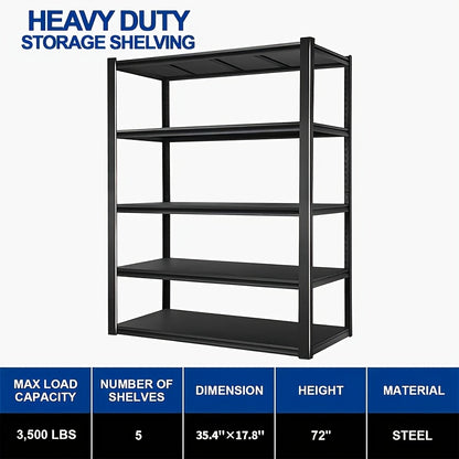 Heavy Duty Metal Shelving Unit 5-Tier - Powder-Coated Steel Storage Rack, 2500 LBS Capacity, Adjustable Height, No-Tool Assembly, for Garage, Basement & Warehouse Organization