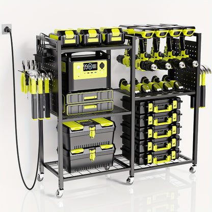 Mobile Tool Cart with Charging Station – 12 Drill Holders & 5 Storage Shelves Power Tool Organizer | Rolling Utility Rack Toolbox with Battery Charging Power Strip for Garage & Workshop | 4 Colors