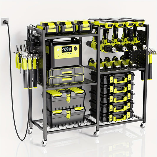 Mobile Tool Cart with Charging Station – 12 Drill Holders & 5 Storage Shelves Power Tool Organizer | Rolling Utility Rack Toolbox with Battery Charging Power Strip for Garage & Workshop | 4 Colors