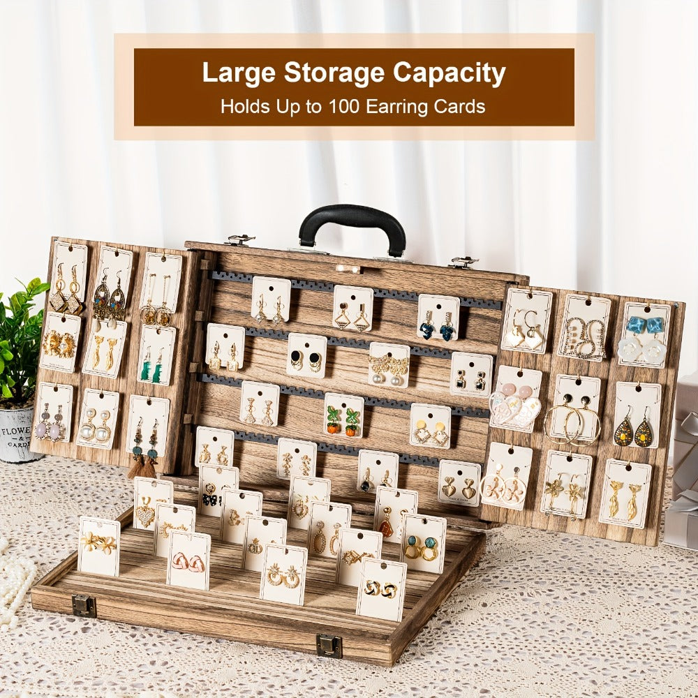 Wooden Jewelry Display Case with Lock & Buckle Closure – Vintage Tabletop Organizer Box for Earrings, Bracelets & Necklaces, Large Capacity Earring Card Holder, Burnt Wood