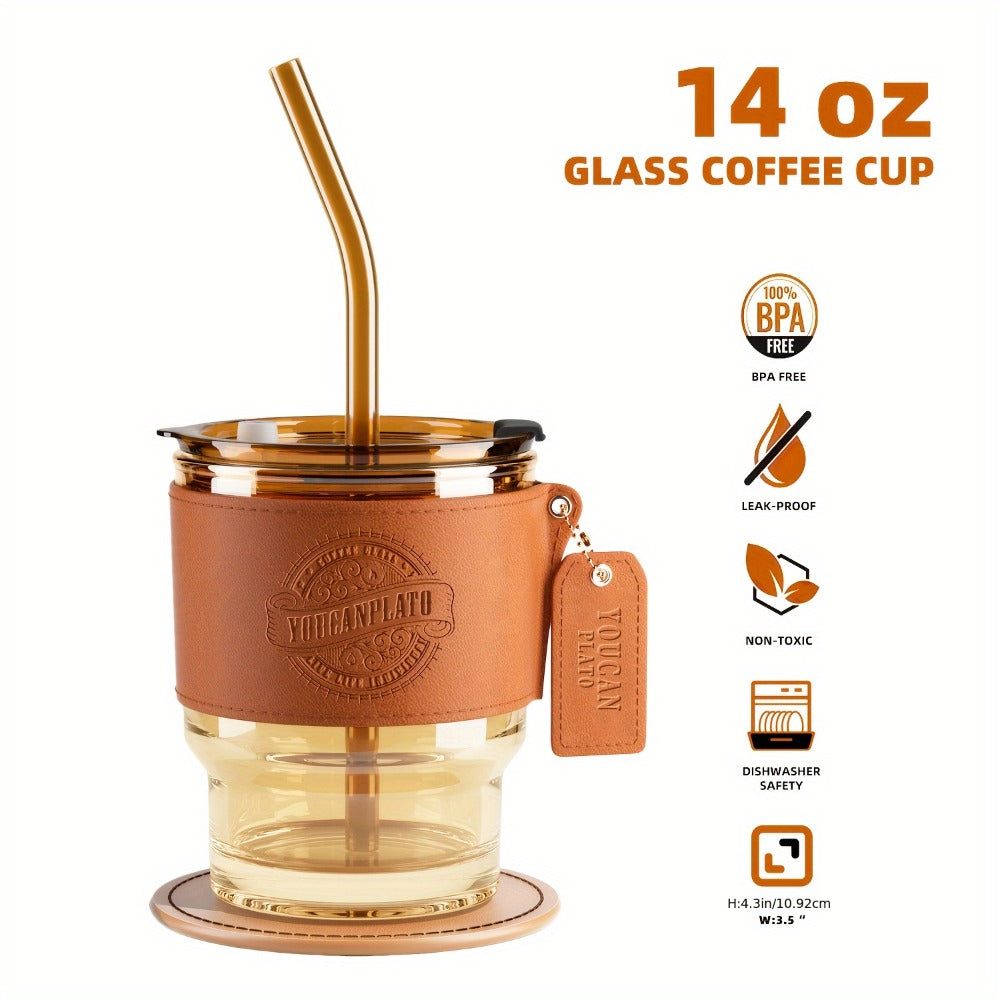 Glass Coffee Cup with Straw 14 Oz – BPA-Free Glass Travel Mug & Water Bottle for Men & Women – Tumbler for Coffee, Juice & Office Use – Easy to Clean – Brown & Dark Green
