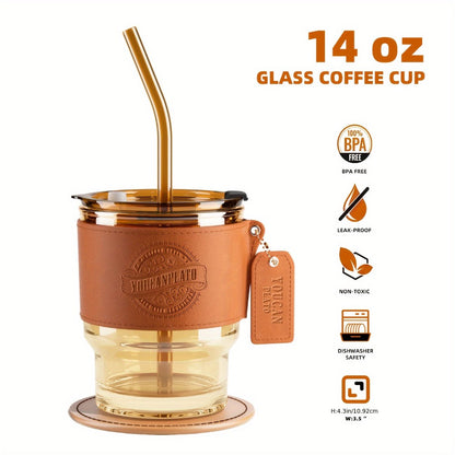 Glass Coffee Cup with Straw 14 Oz – BPA-Free Glass Travel Mug & Water Bottle for Men & Women – Tumbler for Coffee, Juice & Office Use – Easy to Clean – Brown & Dark Green