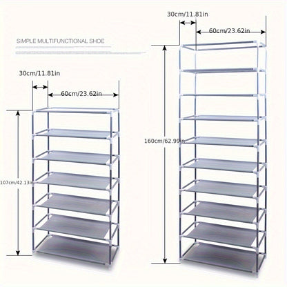 Shoe Rack with Dustproof Cover 10 Layers 9 Cubbies – Large Capacity Non-Woven Shoe Organizer for Entryway, Closet & Bedroom – Space-Saving Steel Frame Shoe Shelf, Easy Assembly