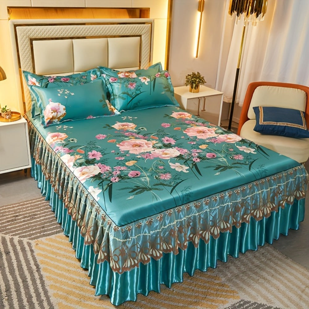 Floral Ruffle Bed Skirt Cool Mat 3 Piece Set with Pillowcase, Double Layer 360° Full Wrap Washable Cooling Mattress Cover, Breathable Summer Bedding Set for Twin Full Queen King, Parisian Romantic Floral
