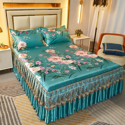 Floral Ruffle Bed Skirt Cool Mat 3 Piece Set with Pillowcase, Double Layer 360° Full Wrap Washable Cooling Mattress Cover, Breathable Summer Bedding Set for Twin Full Queen King, Parisian Romantic Floral