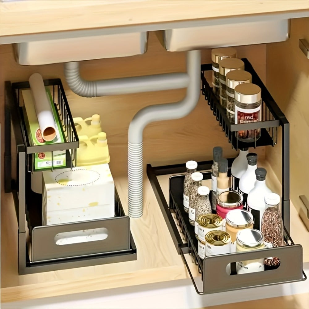 Under Sink Organizer Pull Out 2 Tier Slide Out Cabinet Shelf – Kitchen Bathroom Storage Rack Utility Organizer 1 or 2 Pack