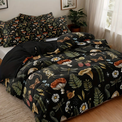 Duvet Cover Set 3-Piece Forest Mushroom Pattern – Soft Polyester Bedding with Zipper Closure, Twin Full Queen King – Bedroom & Guest Room