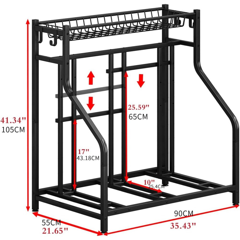Freestanding Bike Storage Stand with Basket & Hooks – Adjustable Floor Rack for 3-4 Bikes, Indoor Outdoor Garage Organizer