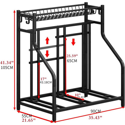 Freestanding Bike Storage Stand with Basket & Hooks – Adjustable Floor Rack for 3-4 Bikes, Indoor Outdoor Garage Organizer