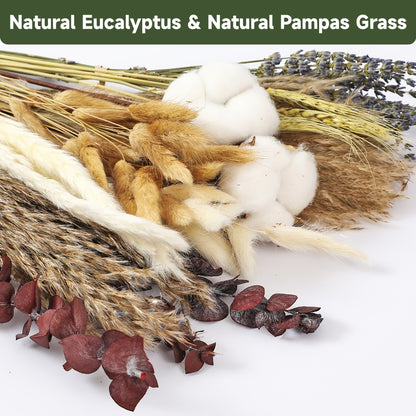 Dried Flower Bouquet 80pcs – Pampas Grass, Bunny Tails, Eucalyptus, Lavender & Wheat Stems for Rustic Boho Home Decor, Vase Filler, Fall Decorations, Wedding Centerpiece & Floral Gift Arrangement