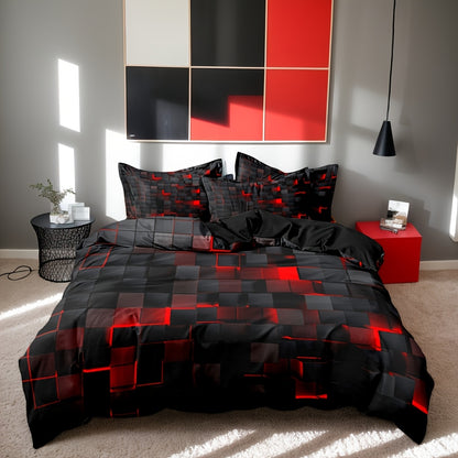 Duvet Cover Set Queen King Twin Full 3D Geometric Cube Print | 3-Piece Polyester Bedding Set | Black Blue Grid Pattern | All-Season Soft Quilt Cover + 2 Pillowcases | Machine Washable