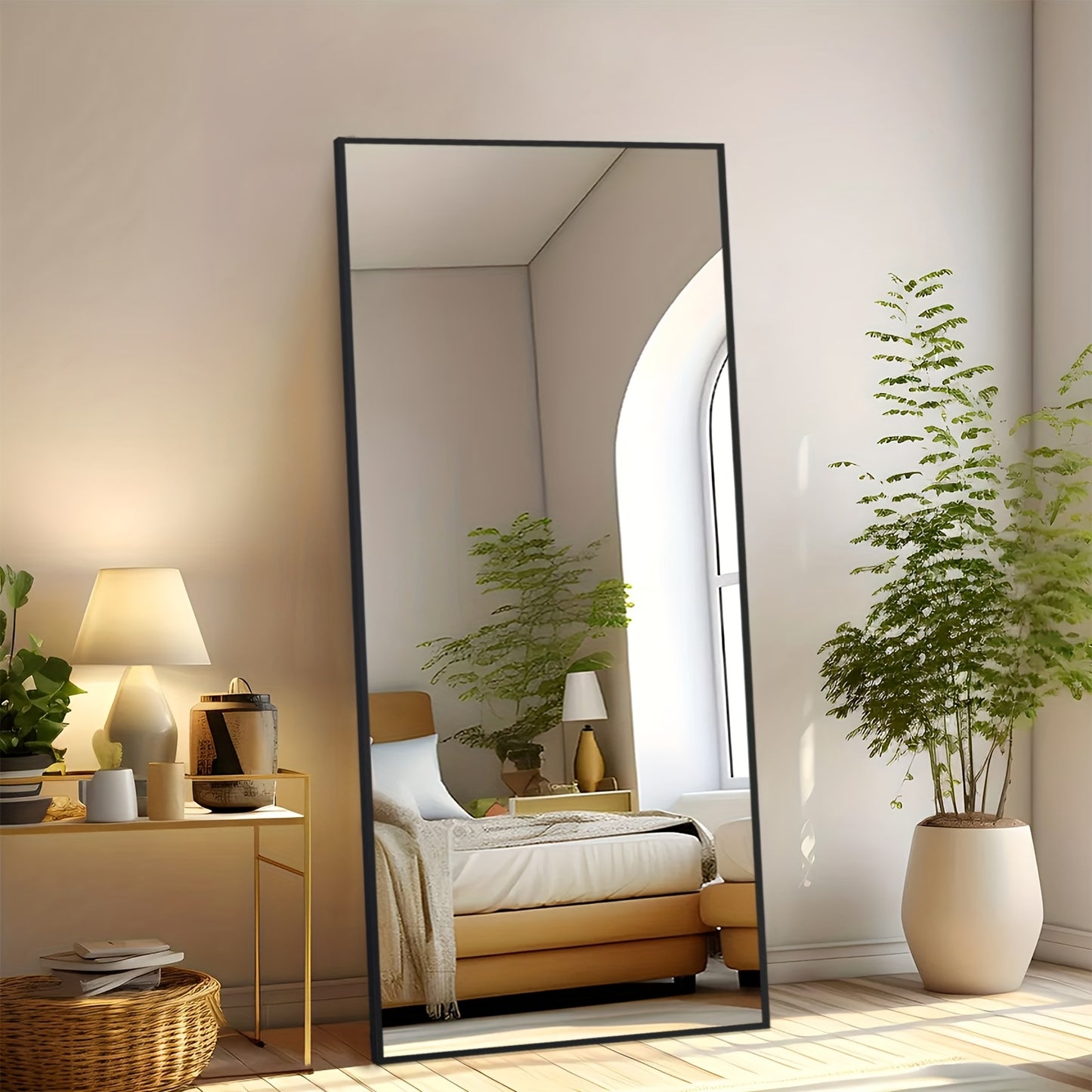 Full Length Mirror Floor Standing, Arched & Rect Body Mirror with Stand, Hanging or Leaning Wall Mirror, Aluminum Alloy Thin Frame for Bedroom Hotel Bathroom