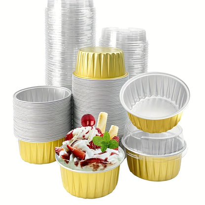 Aluminum Foil Baking Cups with Lids, Disposable Cupcake Molds with Spoons, Oven Safe Foil Dessert Cups for Pudding Muffins Mousse, Party Baking Supplies for Weddings Birthdays, 30 or 50 Sets