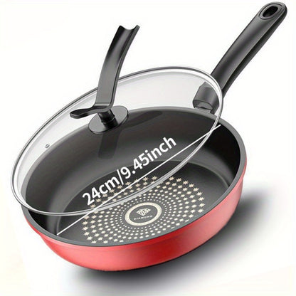 Cast Iron Frying Pan Non-Stick with Lid 9.45 Inch - Powder Coated Skillet Compatible with Induction Gas Electric Stove, Smoke-Reducing Healthy Cookware for Fried Eggs Steak Pancakes, Red Cast Iron Pan