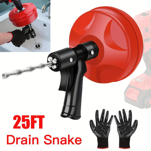 Drain Snake Auger 25ft with Drill Adapter - Heavy Duty Manual & Drill-Powered Plumbing Snake, 1/4" Spiral Head for 1-1/4" to 3" Pipes, Clog Remover for Shower Sink Toilet Bathtub, Gloves Included