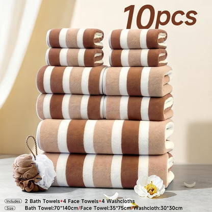 Microfiber Towel Set No Hair Loss Five-Star Hotel Standard - Ultra Soft 100% Polyester Two-Color Striped | 10pcs 3pcs 1pc | Green Brown Gray Red Blue | Bath Face Hand Towels with Bath Ball