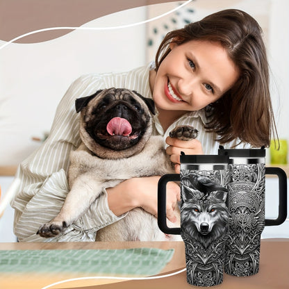 40oz Viking Tumbler with Handle - Wolf Raven Norse Mythology Celtic Knot Stainless Steel Insulated Travel Mug, Viking Gift for Men Women, Coffee Mug for Viking Lovers, Norse Mythology Gift