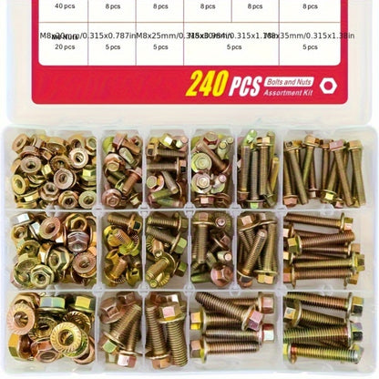 Metric Flange Bolt Nut Assortment Kit 240pcs – M5 M6 M8 Alloy Steel Hex Screws & Nuts Set in 14 Sizes Corrosion-Resistant for DIY Repair Automotive Machinery with Clear Storage Box