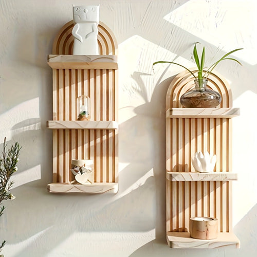 Boho Wooden Wall Shelf Floating Plant Shelf – 3 or 5 Tier Oval Hanging Flower Pot Rack, Minimalist Bedroom Living Room Storage Display Shelf, Wall-Mounted Wood Decor for Home & Apartment