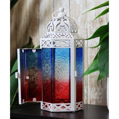 Moroccan Candle Lantern Holder - Decorative Metal & Glass Lantern with Embossed Floral Design for Indoor Home Decor, Garden, Patio, Weddings, Ramadan, Halloween & Holiday Celebrations - 10.5" Tall Medium Size