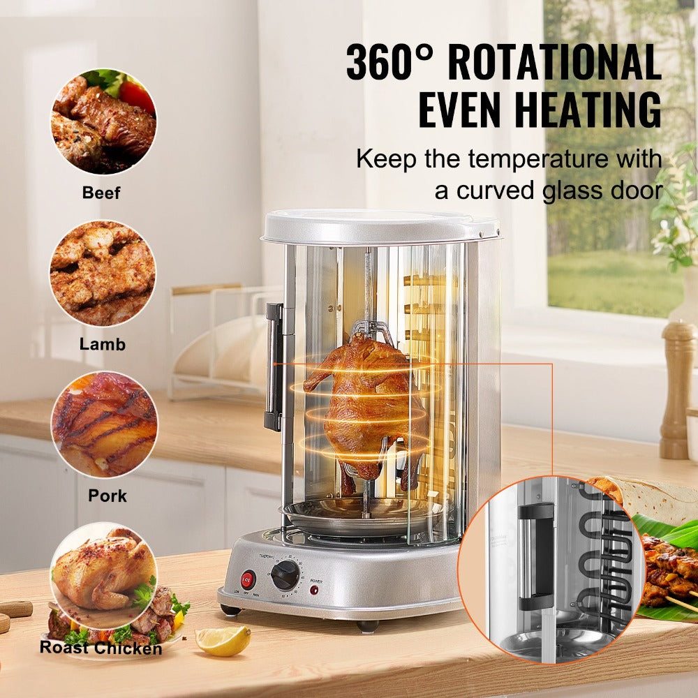 Electric Shawarma Grill Machine 20L Vertical Gyro Rotisserie Doner Kebab Maker Stainless Steel 360 Auto Rotation Timer 419°F Max Temp Multifunctional for Home Family Gatherings