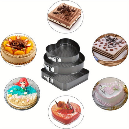 Removable Bottom Cake Pan Set, Nonstick Carbon Steel Round & Heart Shaped Springform Baking Pans, Easy Release Cake Molds for Cheesecake Mousse Layer Cake, 3-Piece or 6-Piece, Black
