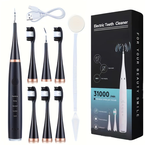 USB Electric Toothbrush Set - 5 Replaceable Brush Heads & 2 Cleaning Heads, USB Rechargeable Electric Toothbrush with Travel Case, Complete Oral Care Kit for Home & Travel, Black or White