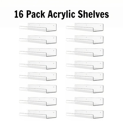 Acrylic Floating Wall Shelves - Clear Display Shelf Organizer for Bathroom, Bedroom, Living Room & Kitchen, 15x4 Inch Wall Mounted Storage Bookshelf, Set of 4/8/16 Pack Room Decor