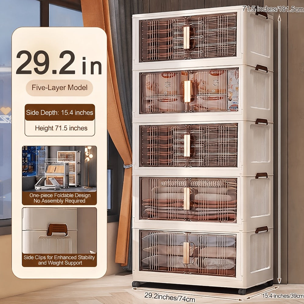 Folding Storage Cabinet with Wheels, 3/4/5-Tier Stackable Plastic Storage Bins with Lids & Magnetic Doors, Foldable Large Organizer with 360° Lockable Wheels for Home Office Kitchen Bathroom Garage
