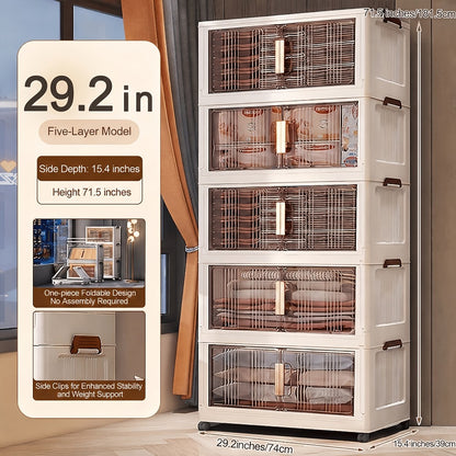 Folding Storage Cabinet with Wheels, 3/4/5-Tier Stackable Plastic Storage Bins with Lids & Magnetic Doors, Foldable Large Organizer with 360° Lockable Wheels for Home Office Kitchen Bathroom Garage