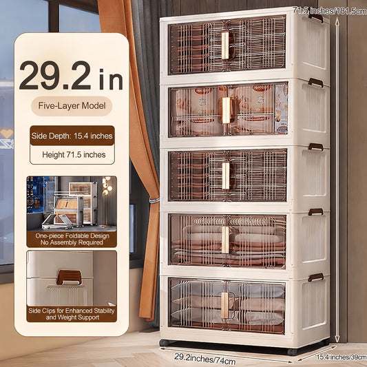 Folding Storage Cabinet with Wheels, 3/4/5-Tier Stackable Plastic Storage Bins with Lids & Magnetic Doors, Foldable Large Organizer with 360° Lockable Wheels for Home Office Kitchen Bathroom Garage
