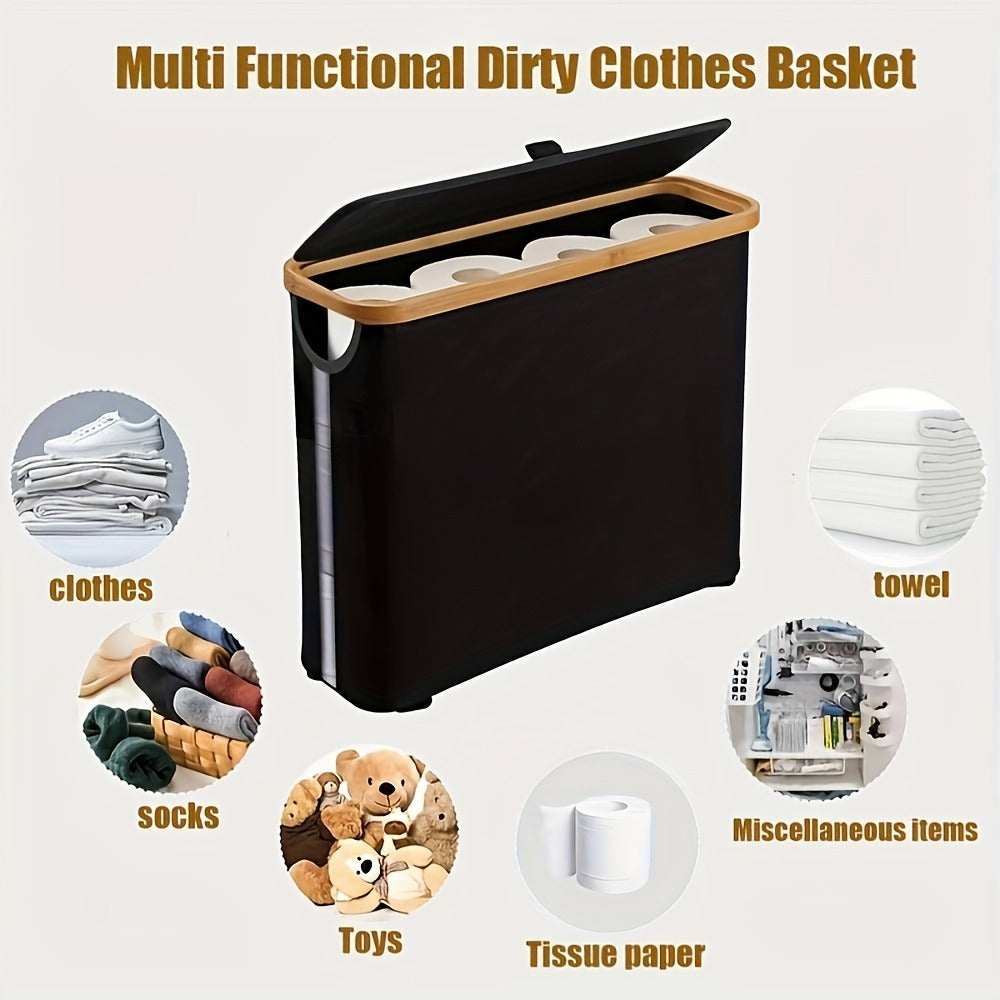 Toilet Paper Storage Basket with Bamboo Lid – Large Capacity Holds 9-12 Rolls | 600D Oxford Cloth Dustproof Bathroom Organizer | Modern Farmhouse Tissue Roll Holder for Bathroom