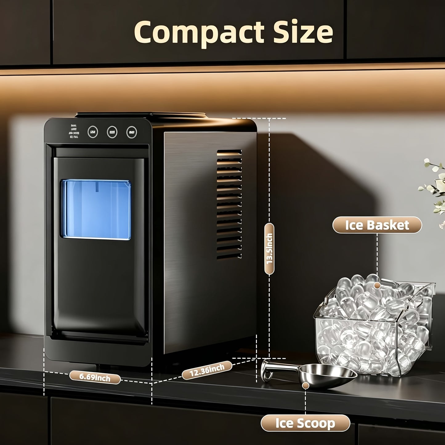 Countertop Ice Maker – 26 Lbs in 24 Hours, Selectable Ice Size, Internal Lighting, Self-Cleaning Portable Ice Machine with Basket & Scoop, Compact Design for Home, Kitchen & Office Use