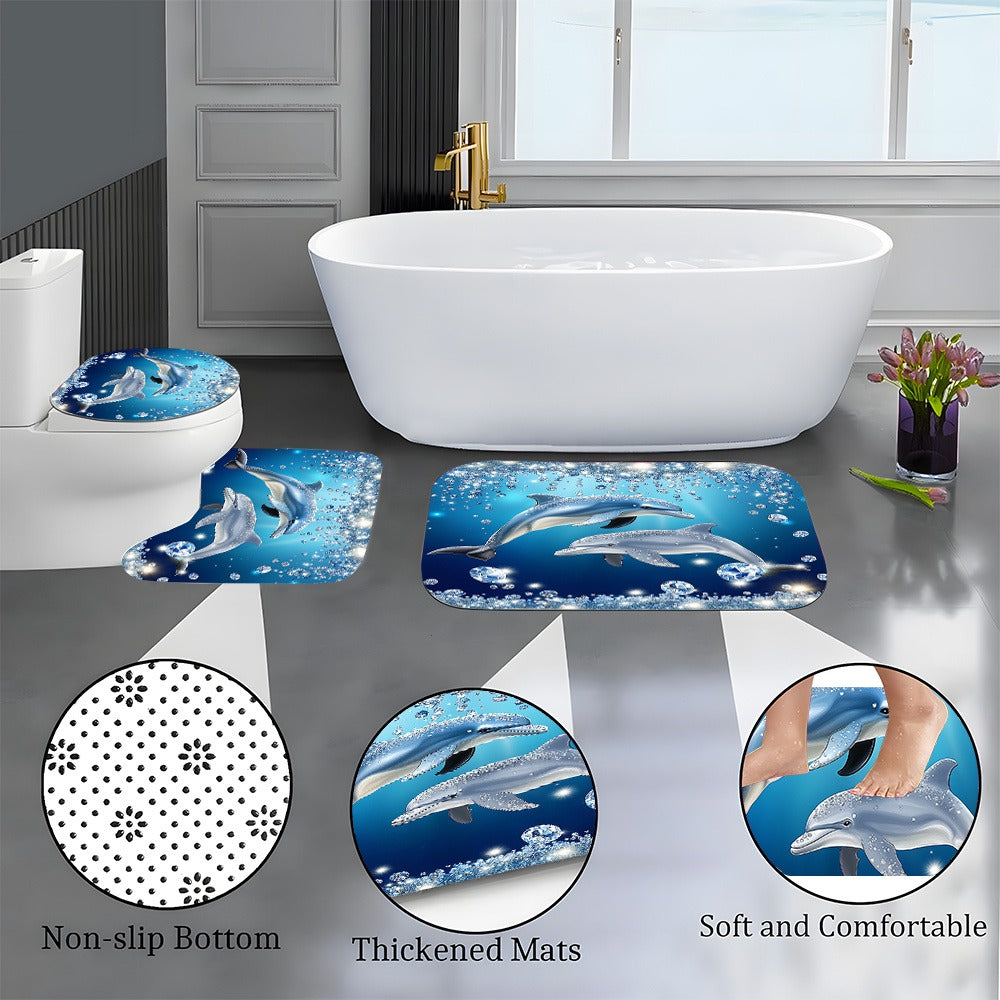4pcs Dolphin Shower Curtain Set with Non-Slip Bath Mat, Toilet Rug & 12 Hooks – Waterproof Bathroom Decor Gift Set