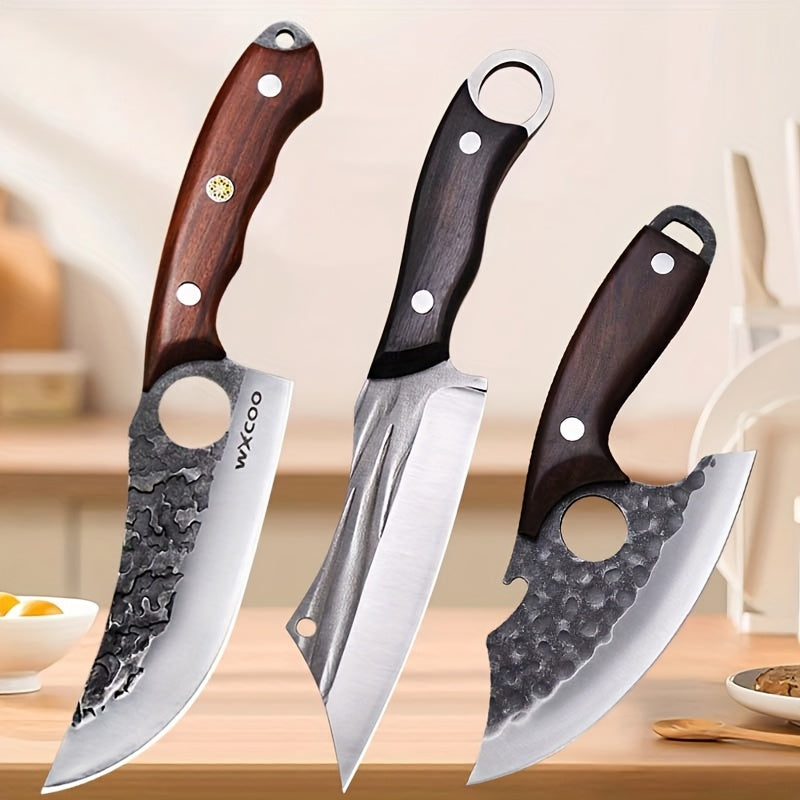 Viking Chef Knife Set 3/4pcs Hammered Stainless Steel Kitchen Knives – Boning, Utility & BBQ Knife with Wooden Handle for Cooking, Camping & Outdoor