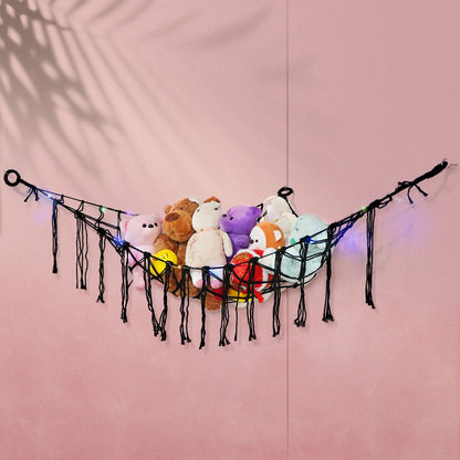 Stuffed Animal Storage Hammock with Lights Corner Hanging Toy Net Organizer for Nursery Bedroom Kids Room Decor Plush Toy Holder Christmas Halloween Easter Gift