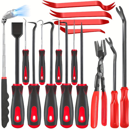 Automotive Trim Removal Tool Kit 17pcs - Hook Paddle Pry Set with Fastener Clamps Rivet Pullers Magnetic Picker Gasket Scraper Scratch-Free Car Maintenance Tools