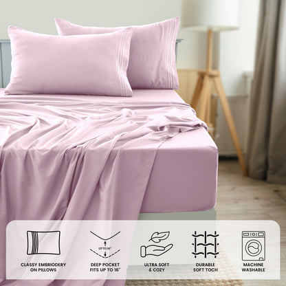 Fitted Sheet Set 6-Piece Brushed Polyester Deep Pocket Bed Sheets 20 Colors Hotel Luxury Soft Bedding with Embroidered Pillowcases
