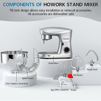 Stand Mixer 5QT, 10-Speed Electric Kitchen Mixer with Dough Hook, Flat Beater, Wire Whip & Pouring Shield — Dishwasher-Safe Attachments for Baking, Bread, Cake & Cookie Dough
