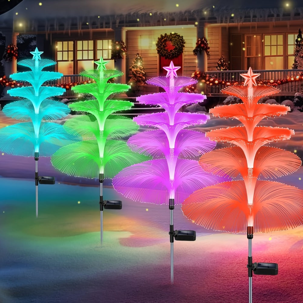 Solar Christmas Tree Lights Fiber Optic Star, 7-Color LED IP65 Waterproof Garden Stake Lights — 2 or 5 Layer Star for Lawn, Pathway, Patio & Holiday Decor | 2, 4 or 6 Pack