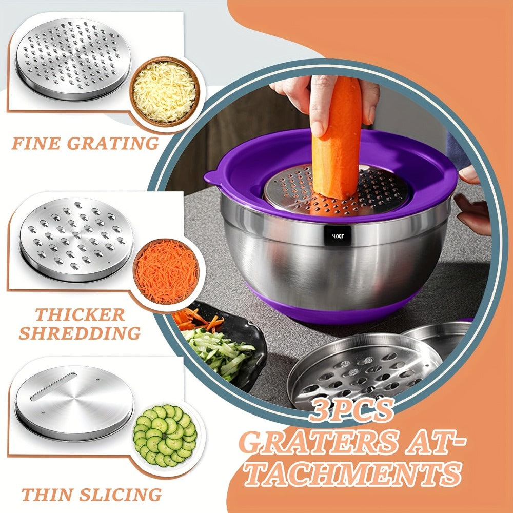Mixing Bowls Set with Airtight Lids – 26pcs Stainless Steel Bowl Set with 3 Grater Attachments, Non-Slip Bottoms, Sizes 1–7QT – Kitchen Bowls for Mixing, Serving, Baking & Meal Prep