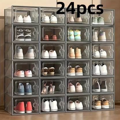 Transparent Stackable Shoe Boxes with Lid – Foldable Clear Sneaker Storage Organizer (6/24pcs)