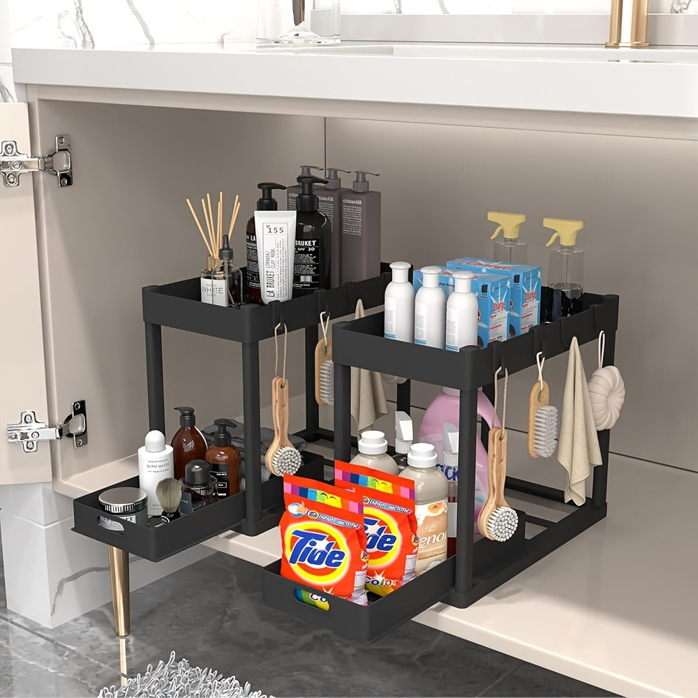Under Sink Organizer Set of 2 – Dual Tier Sliding Basket Drawers with 8 Hooks Kitchen Bathroom Cabinet Storage