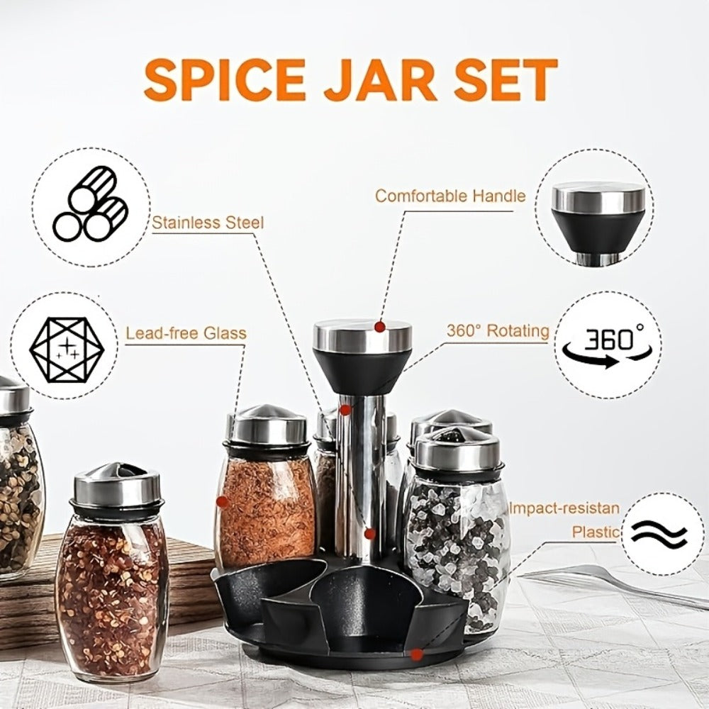 Glass Spice Jar Set with Rotating Rack – Airtight Kitchen Spice Organizer with 360° Stainless Steel Stand – Food Grade Glass Seasoning Bottles for Pantry, Cabinet & Countertop Storage – 6 or 12 Piece