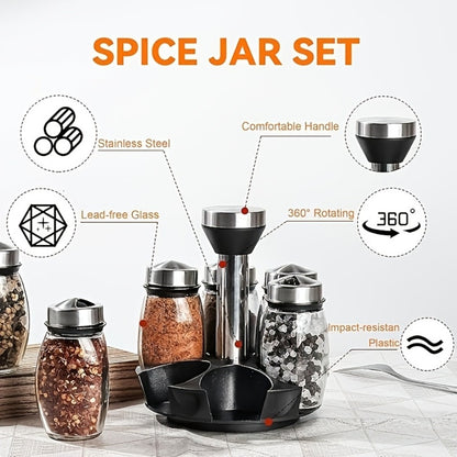 Glass Spice Jar Set with Rotating Rack – Airtight Kitchen Spice Organizer with 360° Stainless Steel Stand – Food Grade Glass Seasoning Bottles for Pantry, Cabinet & Countertop Storage – 6 or 12 Piece