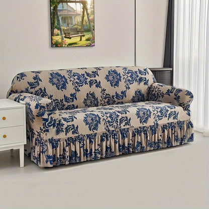 Stretch Sofa Cover Slipcover High-Stretch Fabric Ruffle Skirt Non-Slip Rod All-Season Snug Fit for 1 2 3 4 Seater Couch — Dark Blue with Pillow Cover