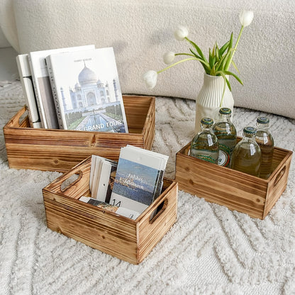 Wooden Crates with Handles Set of 3 – Rustic Farmhouse Storage Boxes for Pantry, Shelf, Closet, Arts & Crafts, Home Organizer Decorative Wood Crate Display Boxes Brown
