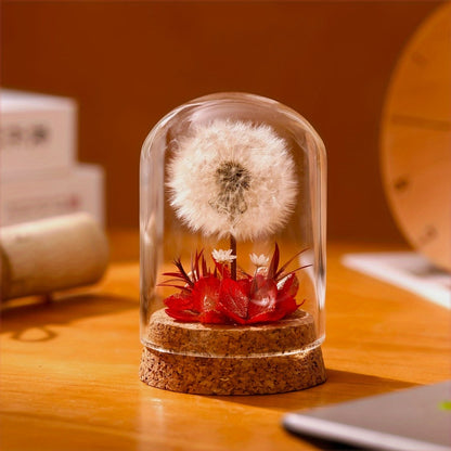 Glass Dome Preserved Dandelion Flower Arrangement - Eternal Floral Keepsake Display Case for Home Office Desk Decor, No Electricity Needed