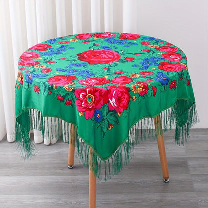 Floral Square Tablecloth with Tassels - Multicolor Flowers, Machine-Washable Polyester, Kitchen & Dining Room Table Cover with Tassel Trim